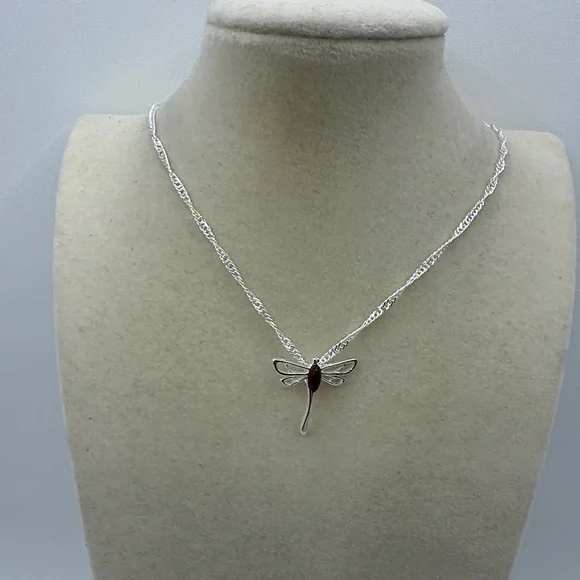 Amber Sterling Silver Butterfly Pendant on Silver Twisted Chain - Picture 3 of 7